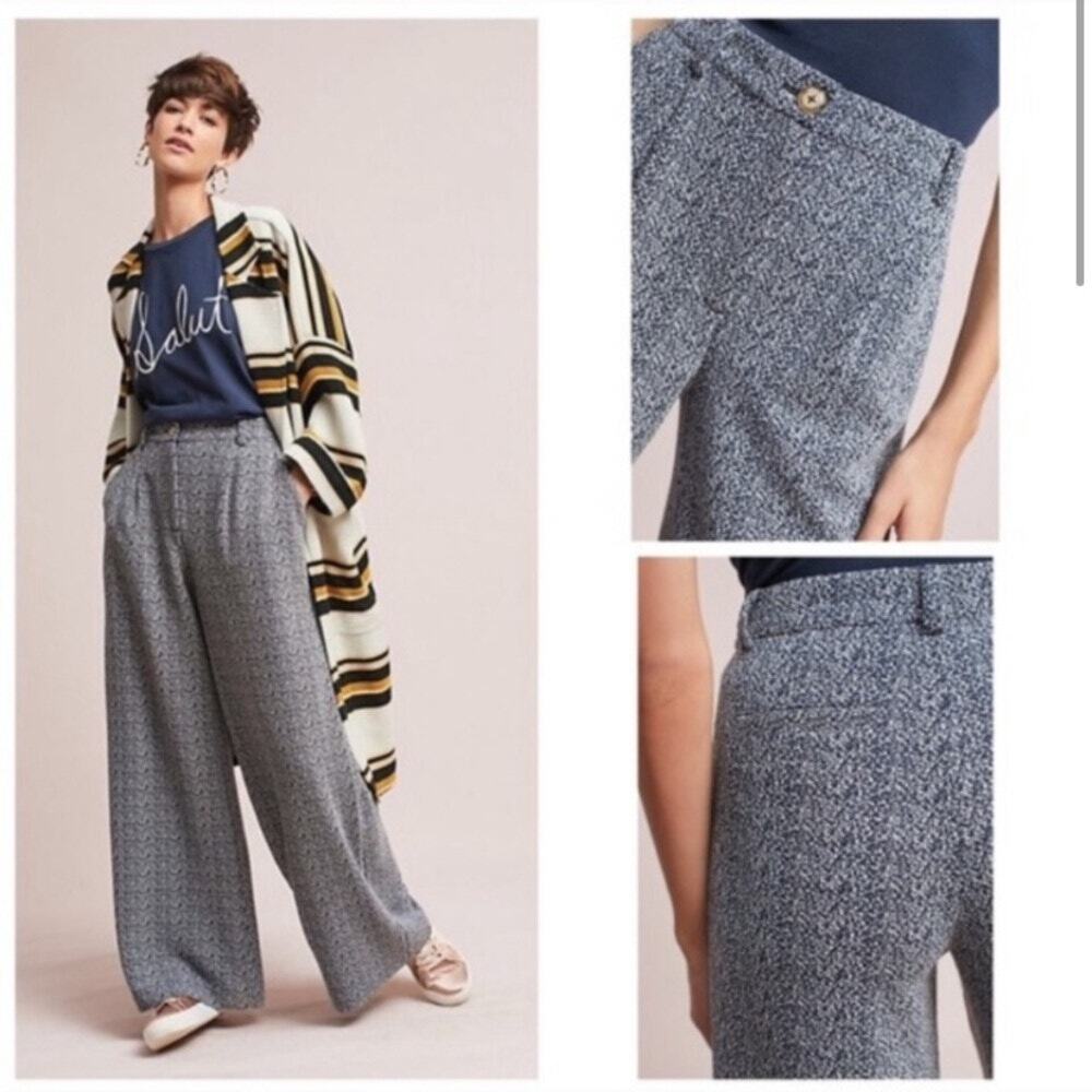 Anthro Cartonnier Elisa Wide Leg Pants High Waist Jacquard Academia Blue Size 6